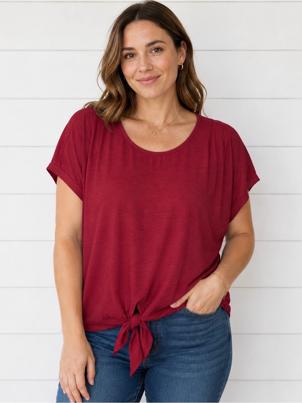 Beacon Apparel Short Sleeve Blouse Women’s L Burgundy Oversized Front Tie Top